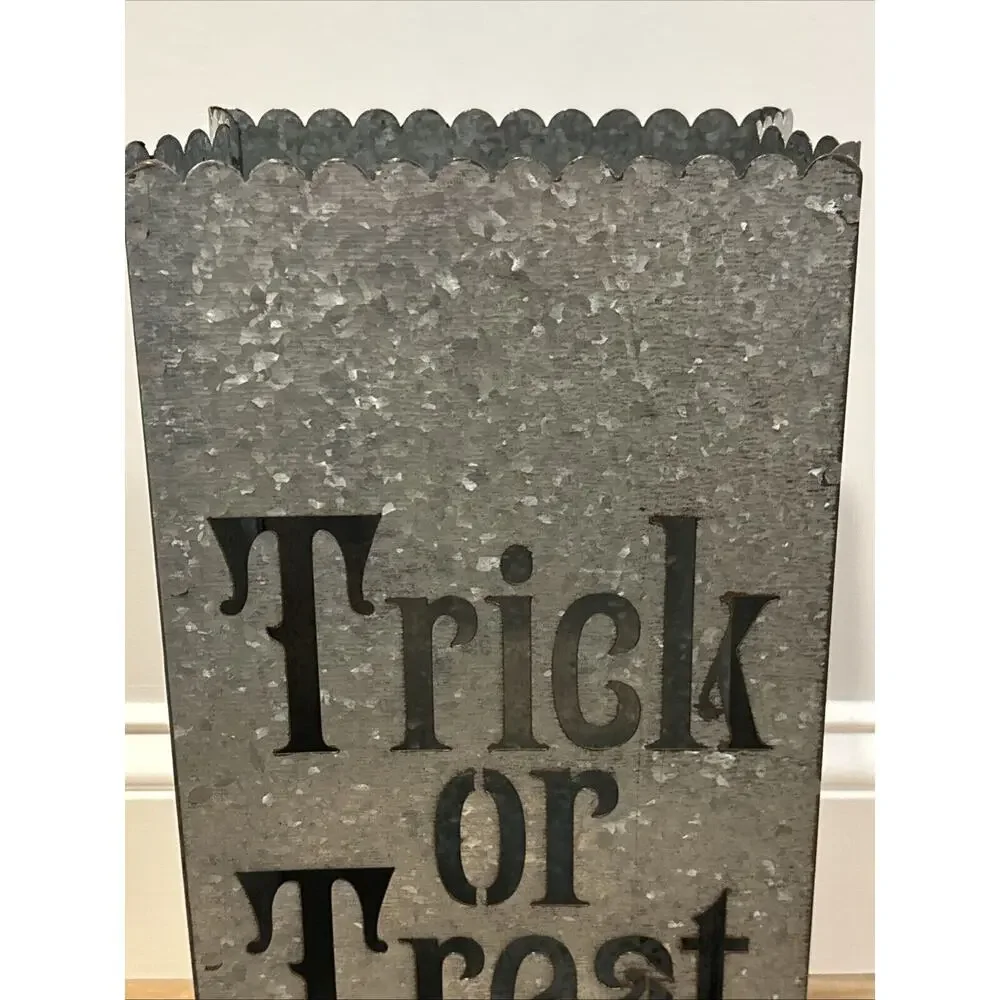 Halloween Candle Holder Galvanized Metal “Trick Or Treat” 7.5x4.75x15”
